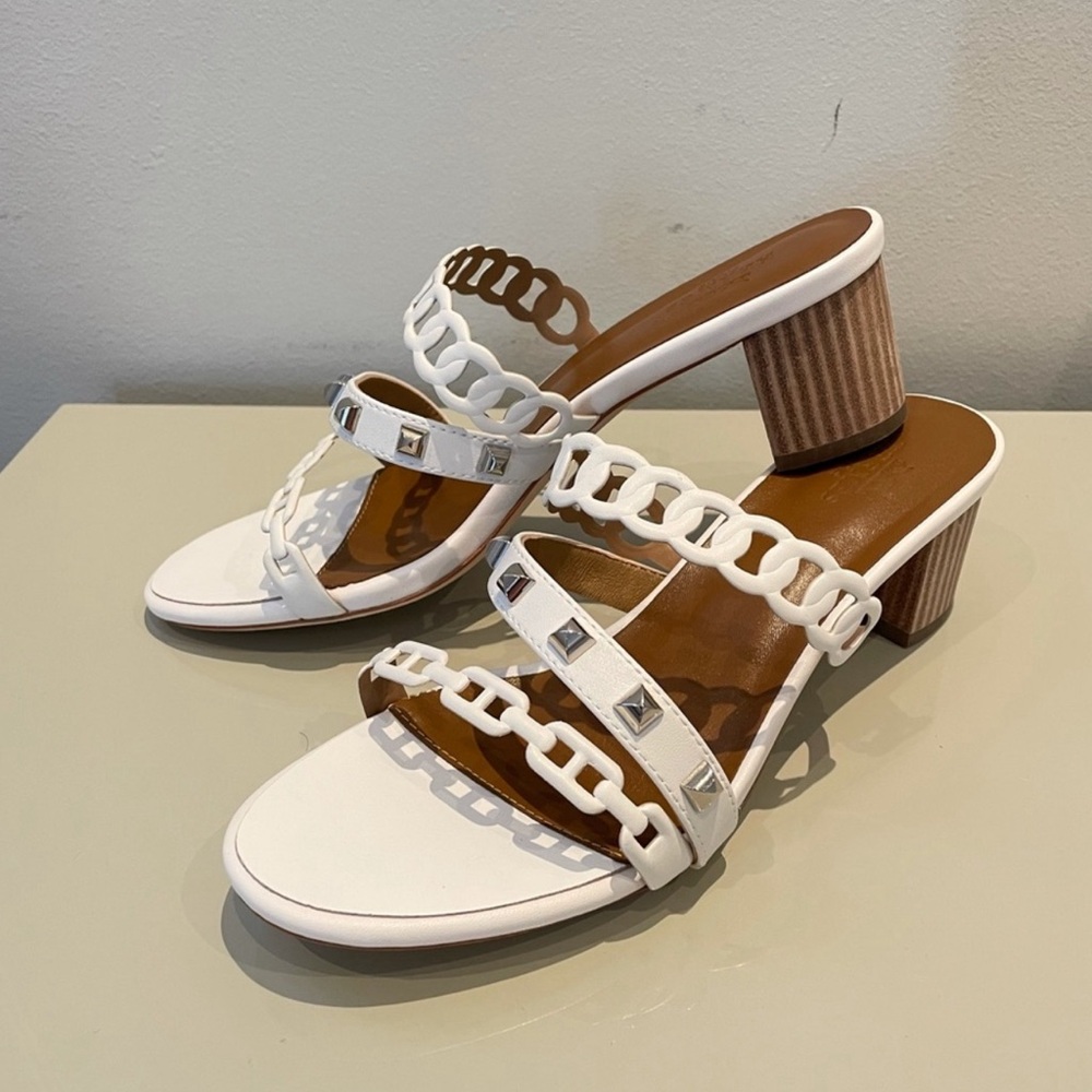 Hermes Ajaccio White Leather Stud Sandals Size 41 EU Block Heel